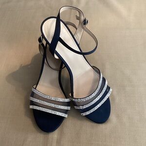 EUC  Chic Navy Strappy Heels with Rhinestone Accents